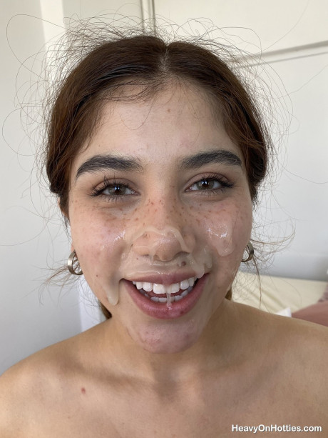 Young teen amateur takes a cumshot on her freckled face during POV action #3784