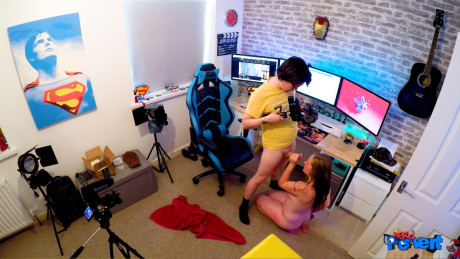 Dirty amateur teen blows a nerd's penis & balls before tasting his spunk - #177923