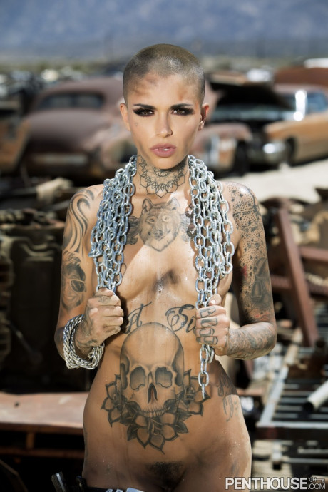 Bald inked babe Leigh Raven flaunts her small boobs and poses naked outdoors - #257908