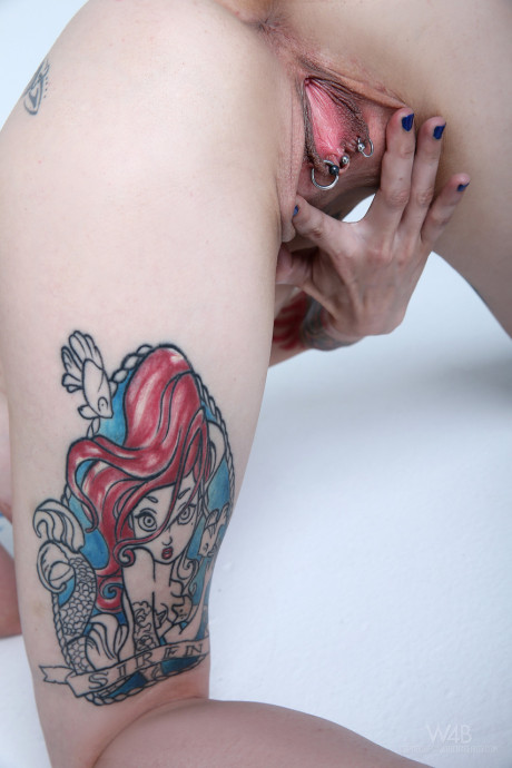 Teenie with blue hair exposes her slender body, massive melons and hot tattoos - #215151