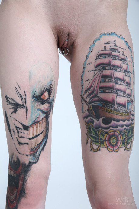 Teenie with blue hair exposes her slender body, massive melons and hot tattoos - #215152