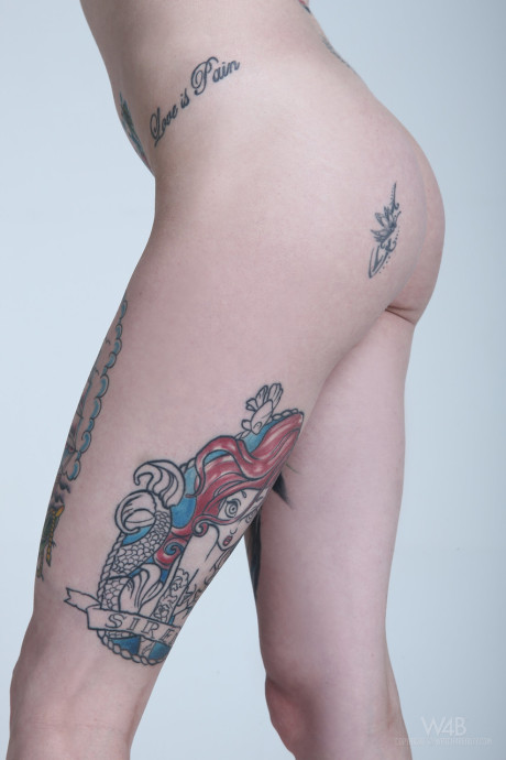 Teenie with blue hair exposes her slender body, massive melons and hot tattoos - #215153