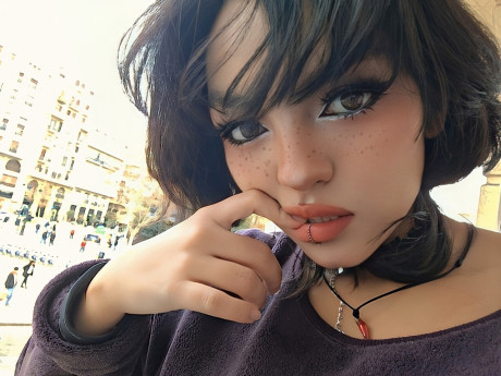 Charming brunette teenie Nerdy B changes her clothing while taking nude selfies - #30593