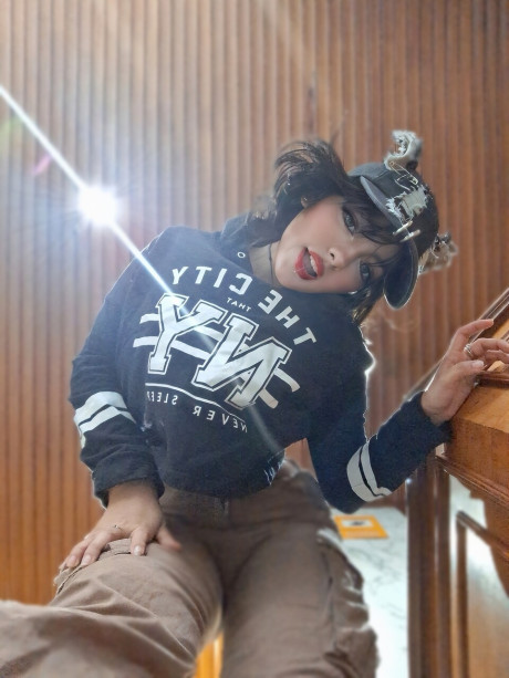Charming brunette teenie Nerdy B changes her clothing while taking nude selfies - #30602