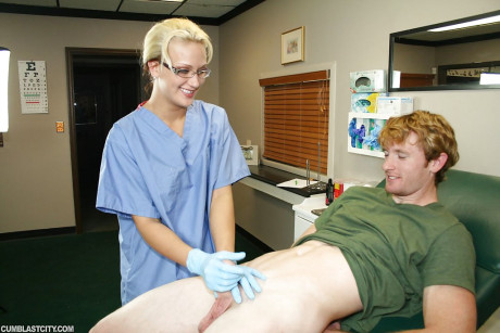 Nasty blonde babe in nurse uniform and glasses jerking off a big dong - #140728