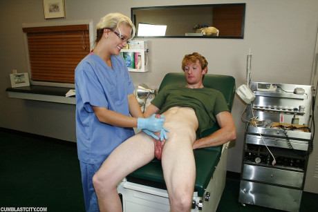 Nasty blonde babe in nurse uniform and glasses jerking off a big dong - #140732
