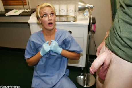 Nasty blonde babe in nurse uniform and glasses jerking off a big dong - #140737