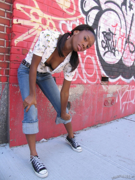 Black fetish bitch does back alley striptease to display hot small titties & behind - #221443