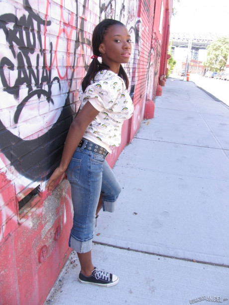 Black fetish bitch does back alley striptease to display hot small titties & behind - #221444