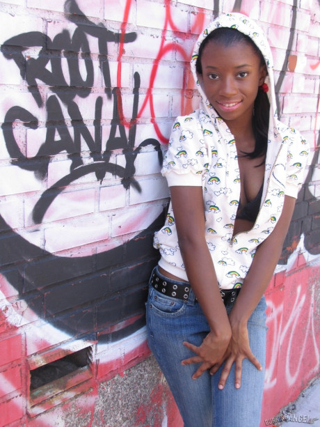 Black fetish bitch does back alley striptease to display hot small titties & behind - #221445