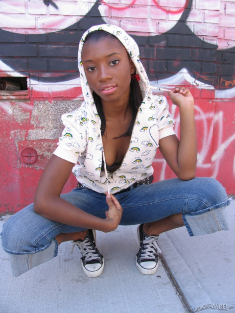 Black fetish bitch does back alley striptease to display hot small titties & behind - #221446