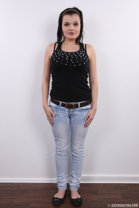 First timer stands fully clothed before uncupping her big breasts while disrobing - #210784