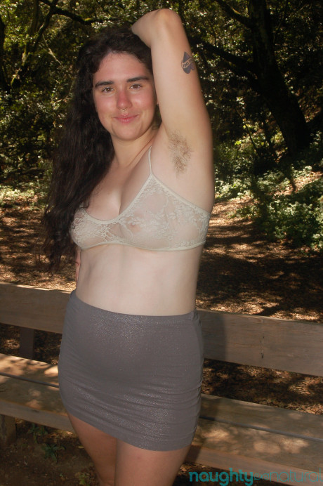 Geeky amateur teen Lucy Haze strips at the park and shows her hairy body - #248170