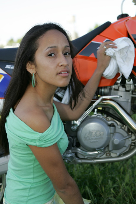 Breathtaking latina Pamy posing for outdoors for a motorcycle magazine - #121309