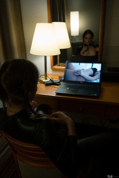 Brunette slut GF girl with small melons Aglona masturbates to porn in a leather catsuit - #206557