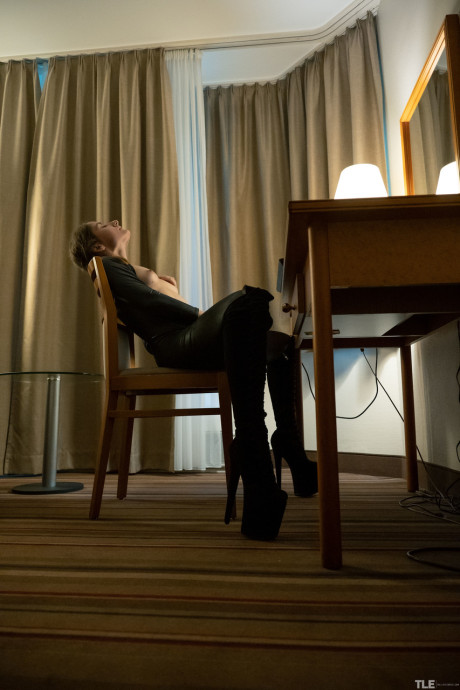 Brunette slut GF girl with small melons Aglona masturbates to porn in a leather catsuit - #206562