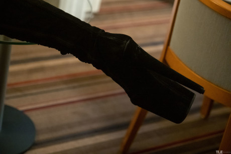 Brunette slut GF girl with small melons Aglona masturbates to porn in a leather catsuit - #206565