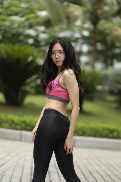 Fit oriental model with glasses exposing her great body in her sportswear - #174851