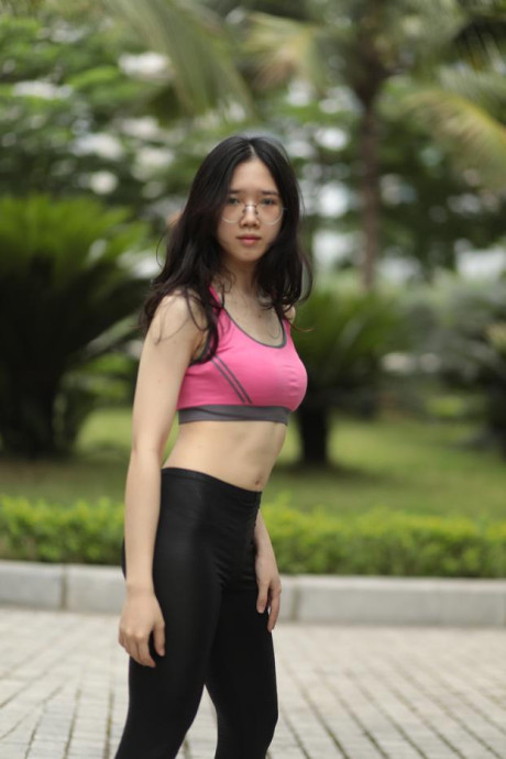Fit oriental model with glasses exposing her great body in her sportswear - #174866