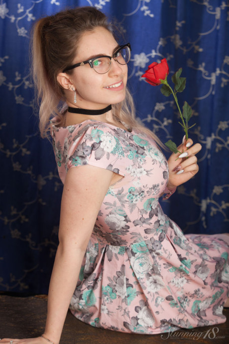 Nerdy 18 year old Liza Loo holds a rose showing her firm tits in glasses - #92112