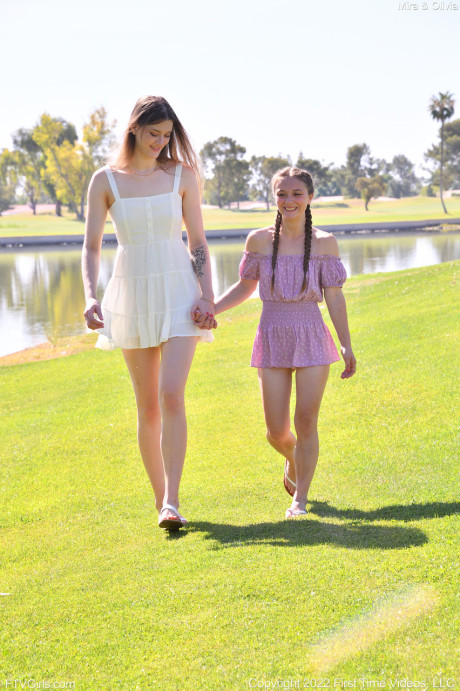Horny tall babe Mira & her petite friend Olivia strip & pose nude outdoors - #45861