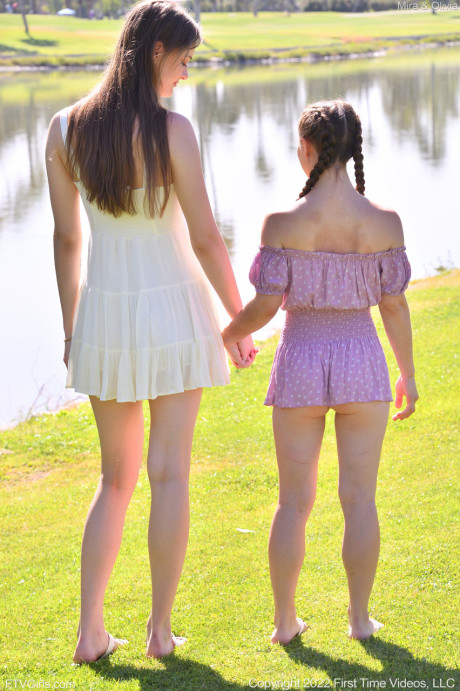 Horny tall babe Mira & her petite friend Olivia strip & pose nude outdoors - #45862