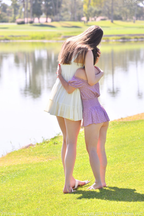 Horny tall babe Mira & her petite friend Olivia strip & pose nude outdoors - #45863