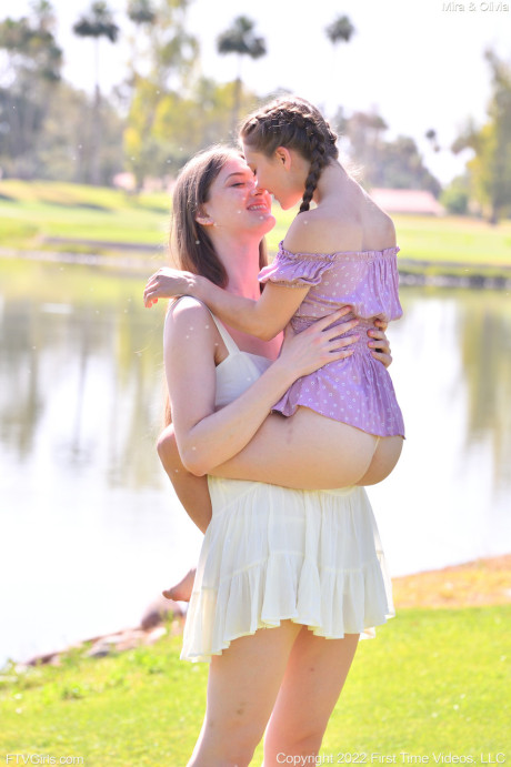 Horny tall babe Mira & her petite friend Olivia strip & pose nude outdoors - #45865