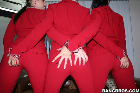 Lovely stewardesses exposes their wonderful bums and enormous boobs together - #183971