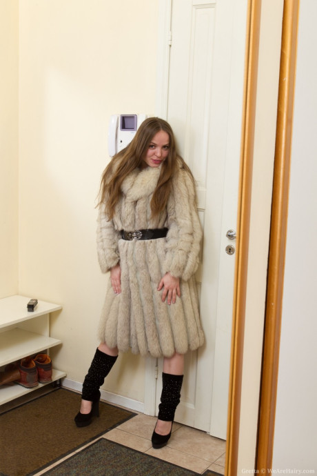 Teen Gretta removes her bodysuit & fur coat before spreading her furry coochie - #238581