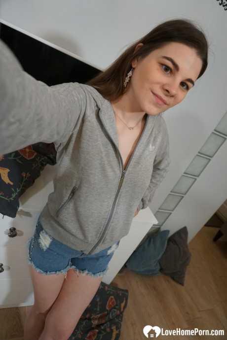 Brunette babe strips in a solo and flaunts her small melons and round ass - #199893