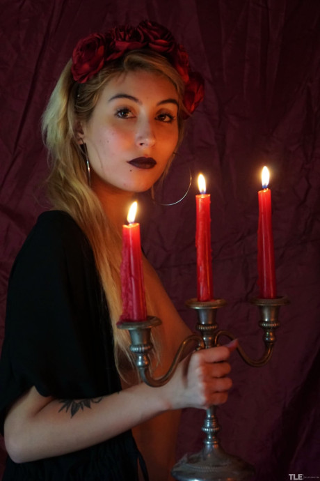 Charming yellow-haired Sophia D slips a lit candle inside her horny twat - #321486