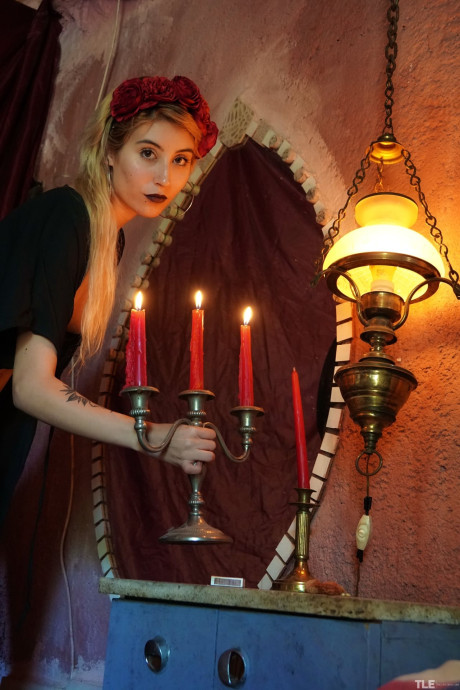 Charming yellow-haired Sophia D slips a lit candle inside her horny twat - #321487