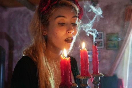 Charming yellow-haired Sophia D slips a lit candle inside her horny twat - #321505