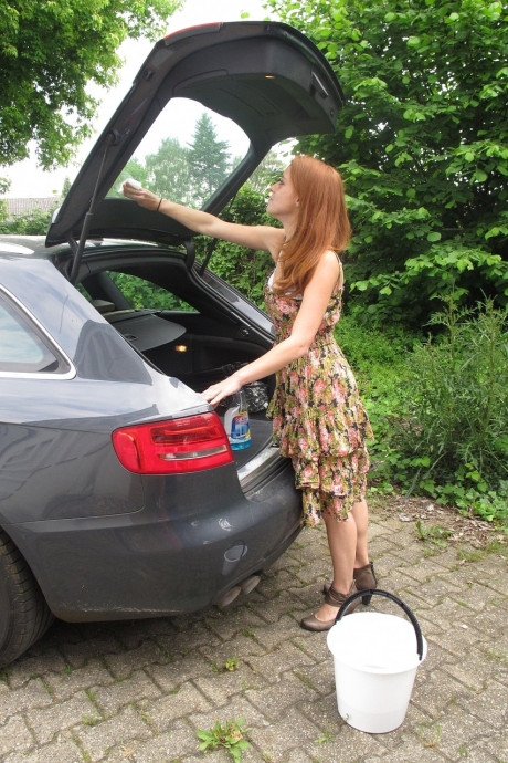 Redheaded German Meine Fotze strips and masturbates in the car in public - #1277