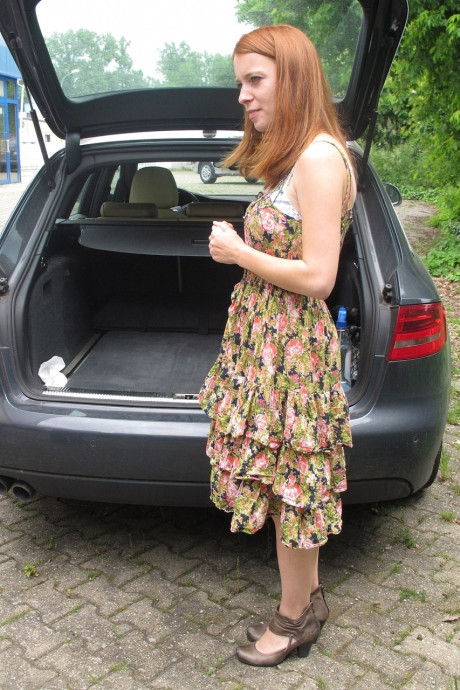 Redheaded German Meine Fotze strips and masturbates in the car in public - #1280