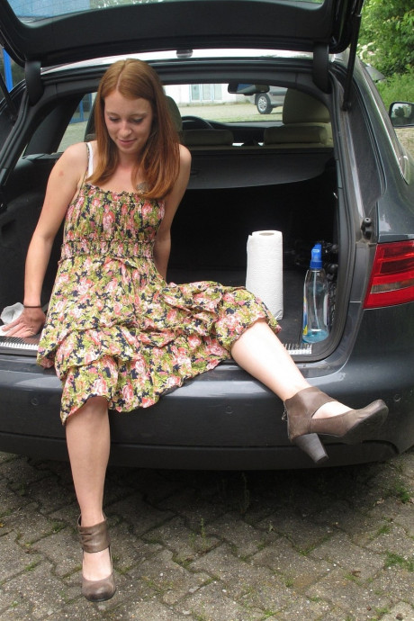 Redheaded German Meine Fotze strips and masturbates in the car in public - #1281