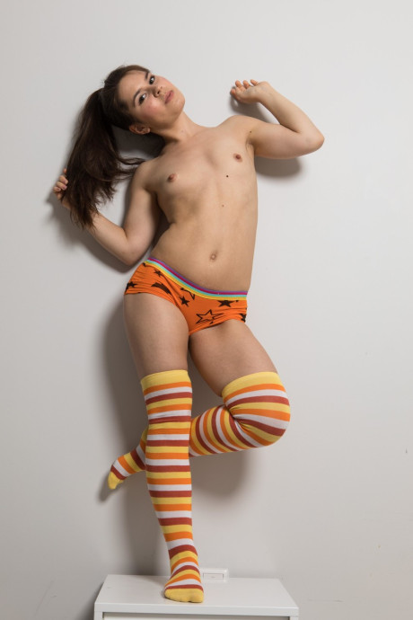 Pretty European young Bruna poses & masturbates in her over-the-knee socks - #291640