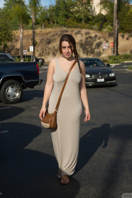 Young babe Lanie Morgan exposes her enormous juggs and shaved pussy in public - #252190