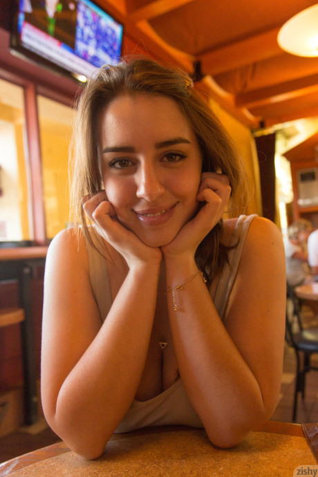 Young babe Lanie Morgan exposes her enormous juggs and shaved pussy in public - #252196