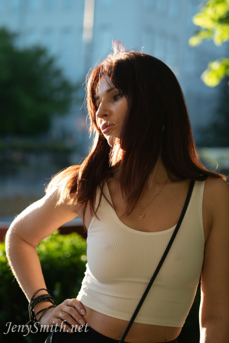 Ravishing Russian MILF Jeny Smith exposes her natural melons in public