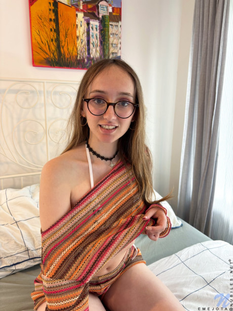 Teenie solo lady girlfriend chick with glasses discards undergarment to get totally undressed on her bed - #305987