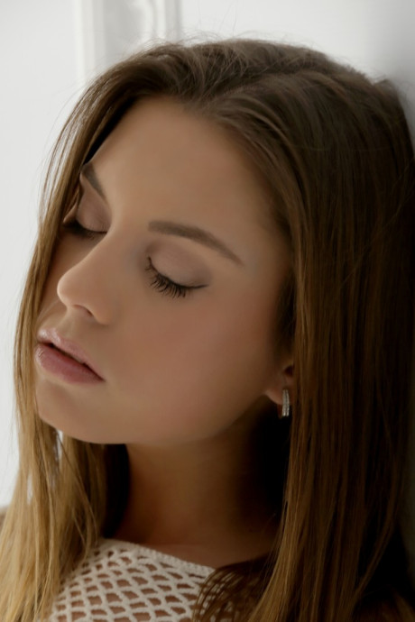 Erotic attractive Sabrisse poses with long legs spread to finger shaved teenie snatch - #249811