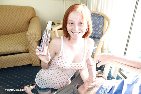 Naughty redhead young pleasing a huge boner with her little hands and breasts - #303551