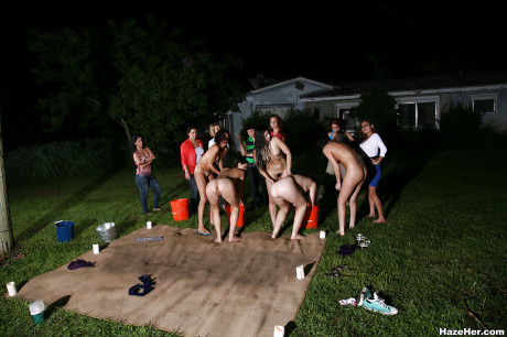 Cuddly sorority pledges get involved in wet lesbian games outdoor - #59307