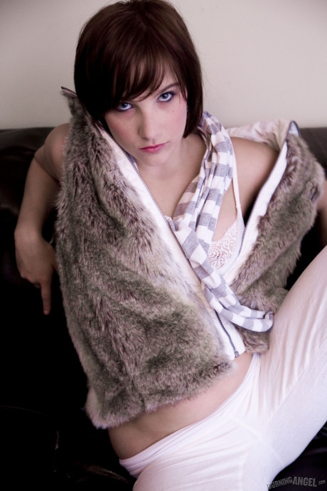 Erotic brunette hipster sweetie Jackie sheds fur vest exposing pierced nipples - #304678