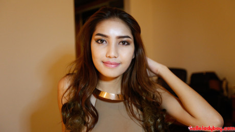 Brunette chinese tgirl exposes her firm juggs and attractive behind in underwear - #252562