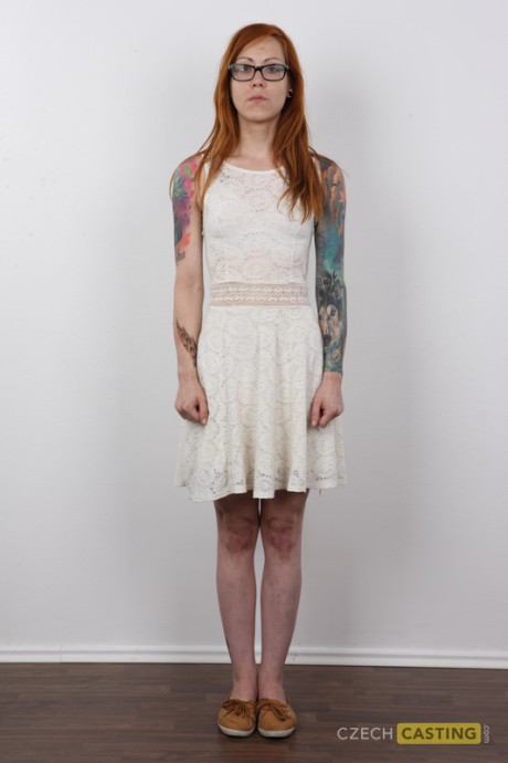 Tattooed ginger head removes her dress to pose undressed with her glasses on - #301142