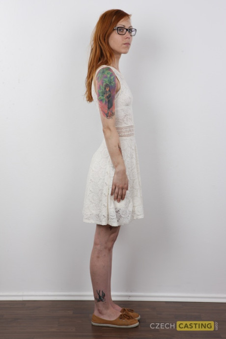 Tattooed ginger head removes her dress to pose undressed with her glasses on - #301143