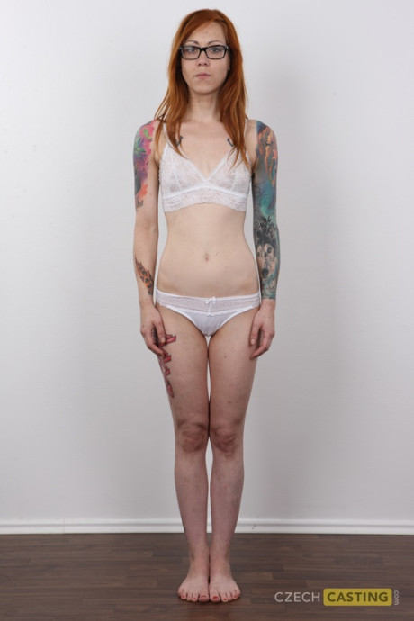 Tattooed ginger head removes her dress to pose undressed with her glasses on - #301144